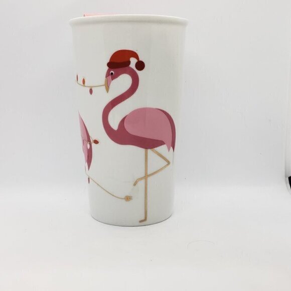 David's Tea Twisted Flamingo Christmas Ceramic Travel Cup Mug - Picture 2 of 5